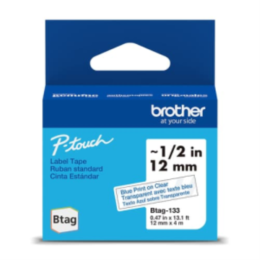 Brother Genuine BTAG133 Non-Laminated Tape for P-touch Label Makers, Blue on Clear ? 12 mm wide x 4 m long