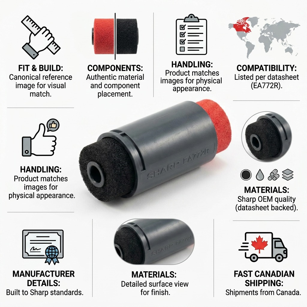 An infographic matrix for the Sharp EA772R ink roller, detailing features and showcasing the product's design in a multi-image layout.