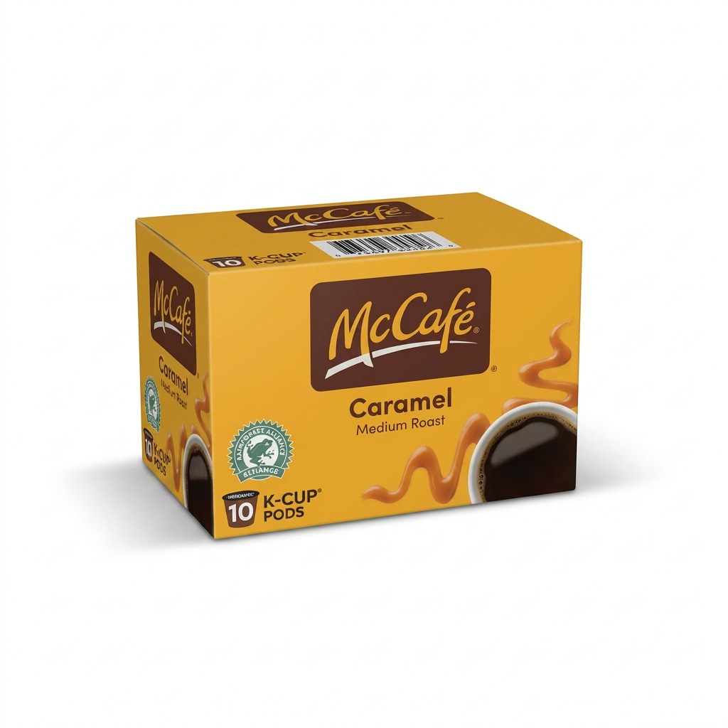 McCafé Caramel Medium Roast K-Cup coffee pods, 10 count box with Rainforest Alliance logo.