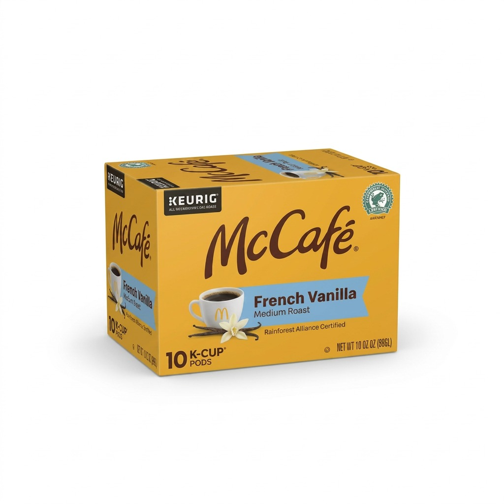 A 10-count box of McCafé French Vanilla Medium Roast K-Cup pods for Keurig brewers.
