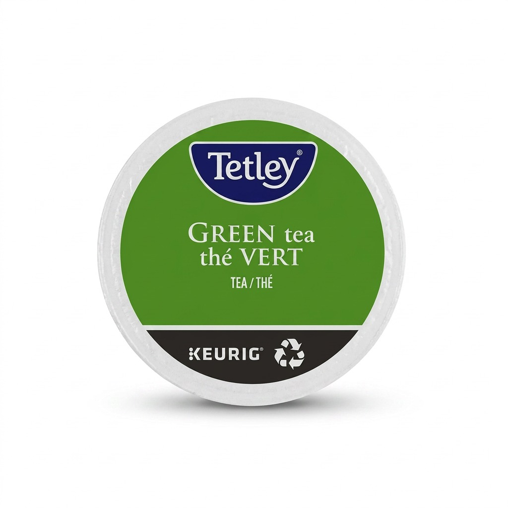 Single Tetley Green Tea recyclable Keurig K-Cup pod with green label on a white background.