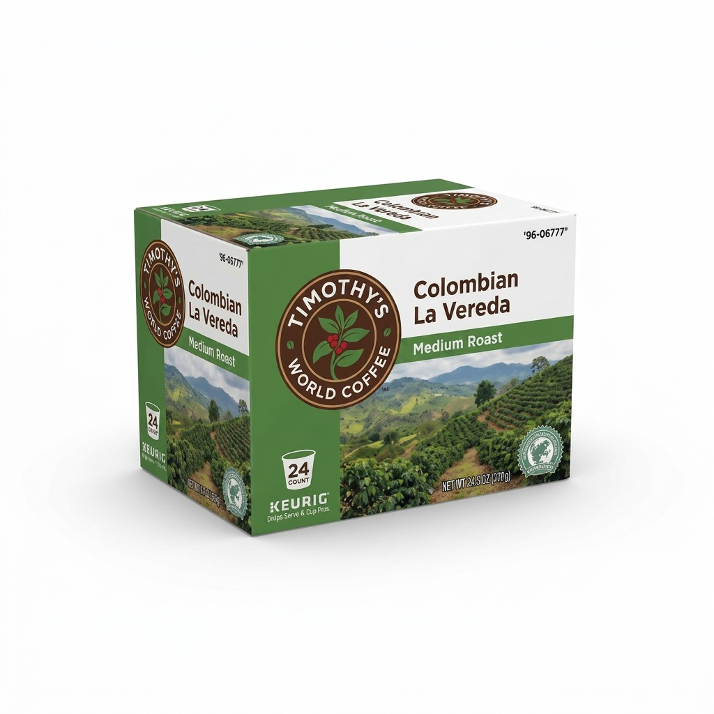 Timothy's Colombian La Vereda Medium Roast Coffee, 24 count Keurig K-Cup pods box on white.