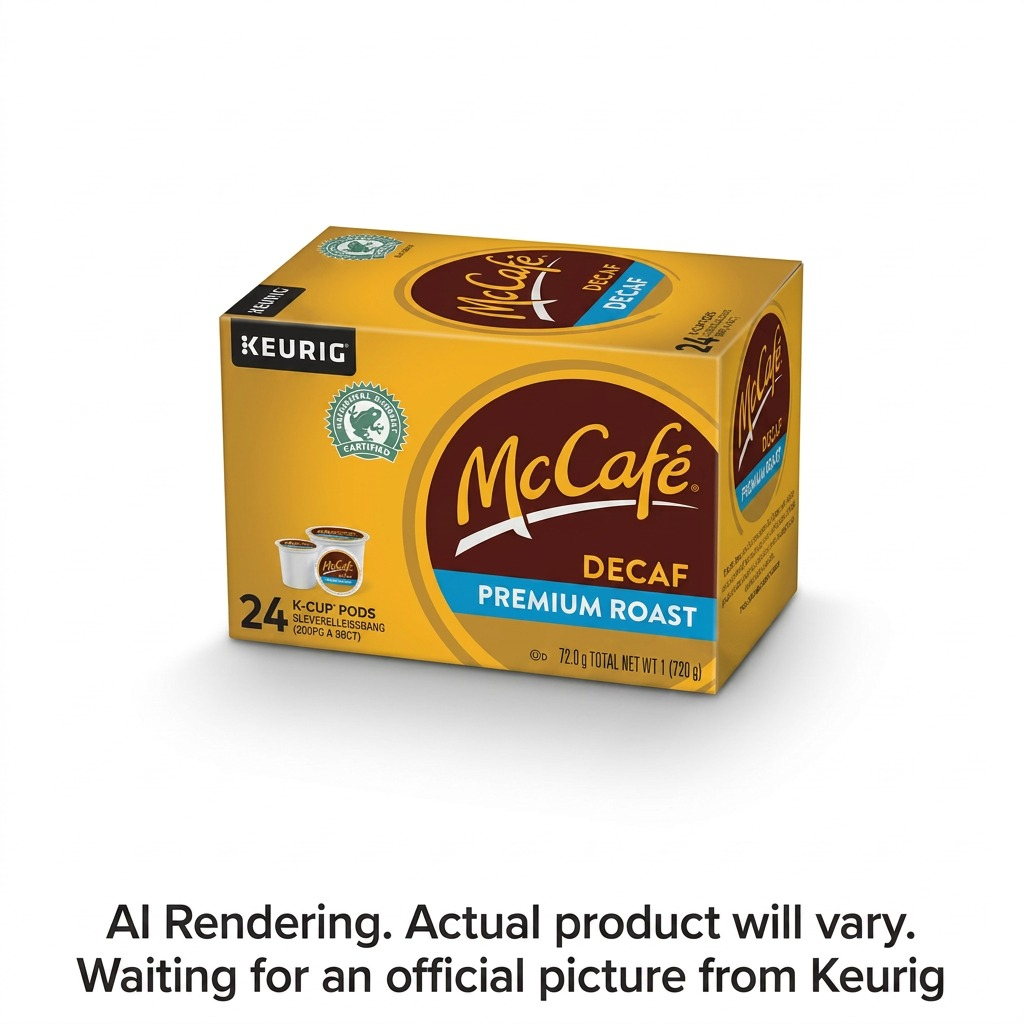 McCafé Decaf Premium Roast coffee box, 24-count Keurig K-Cup pods, medium-dark roast.