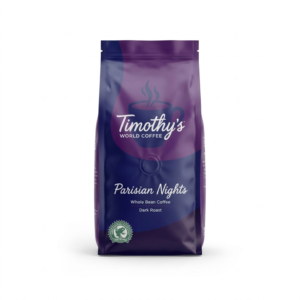 Timothy's Parisian Nights Whole Bean Coffee bag, dark roast, 100% Arabica, Rainforest Certified.