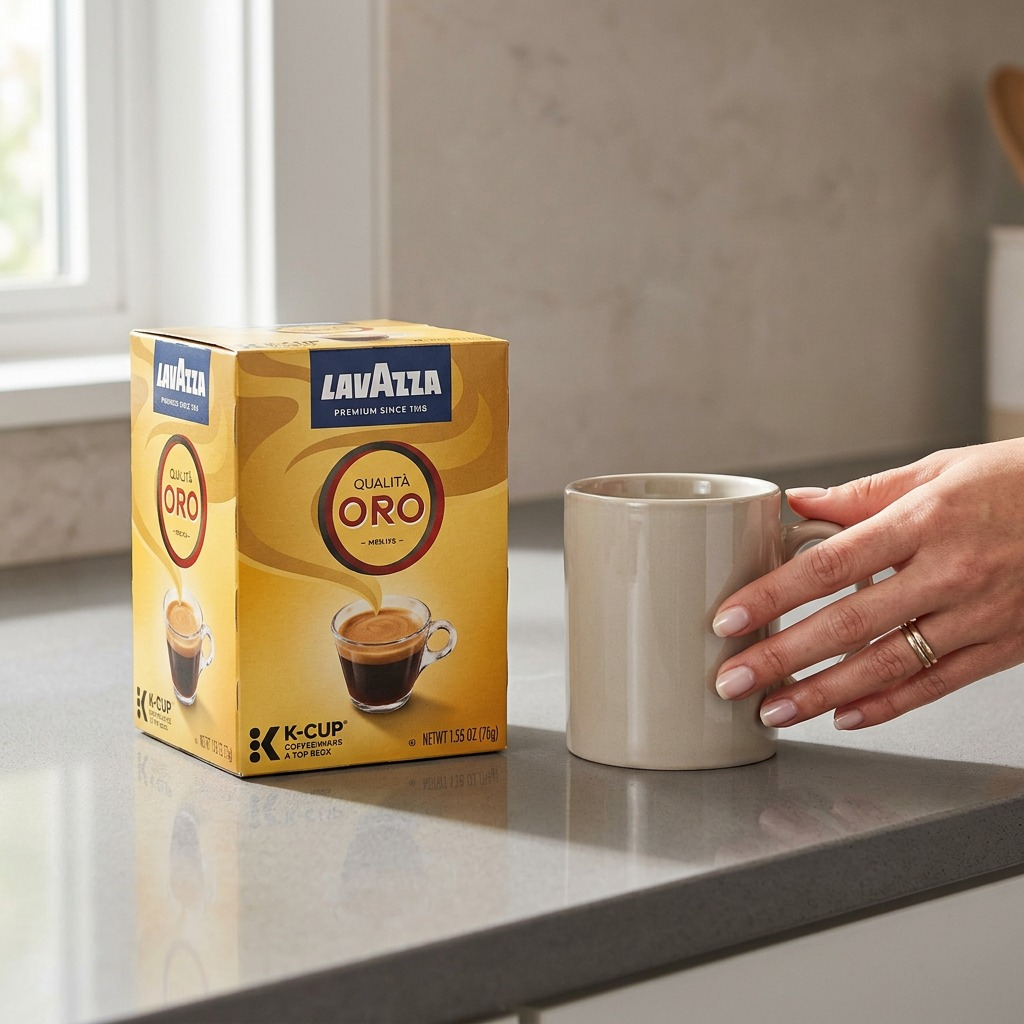 A box of Lavazza Qualità Oro K-Cups sits on a kitchen counter next to a hand-held ceramic mug.