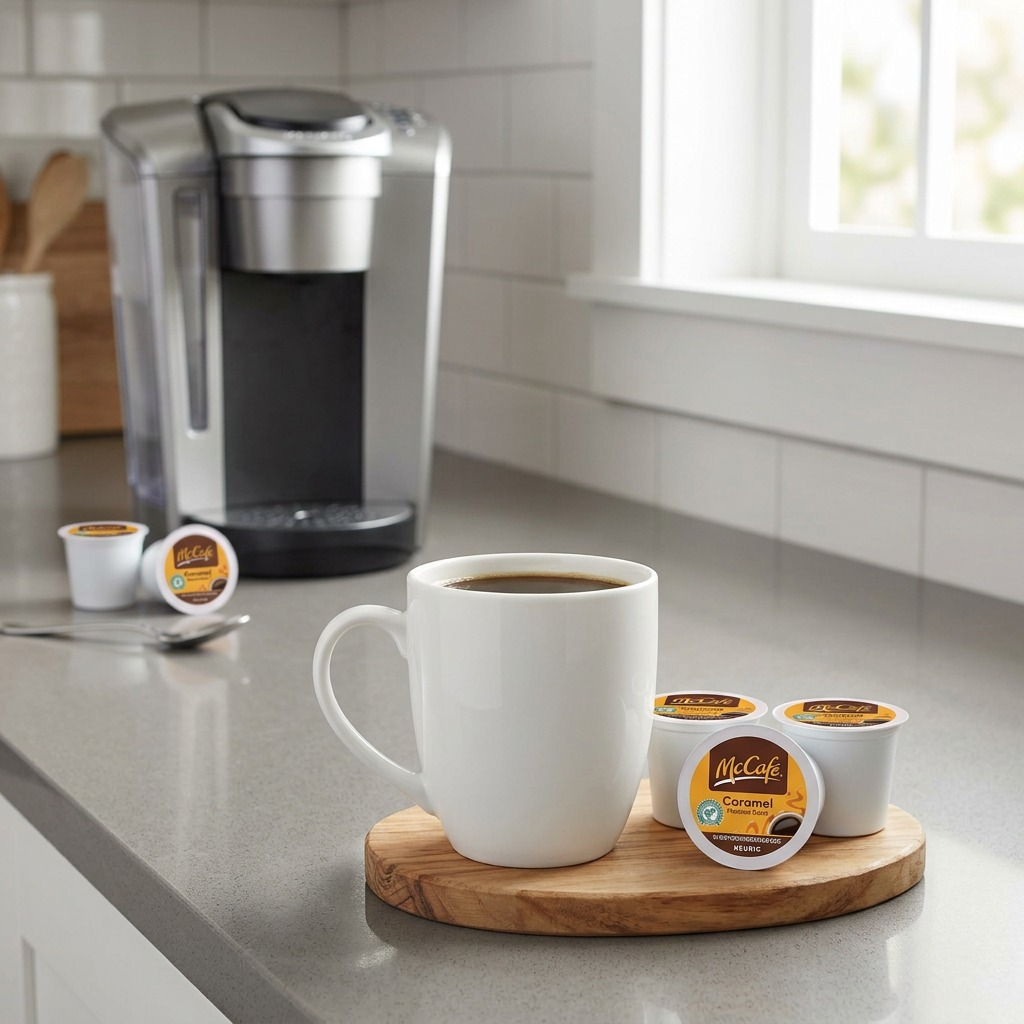 McCafé Caramel K-Cup coffee pods next to a brewed mug and Keurig machine in a bright kitchen.