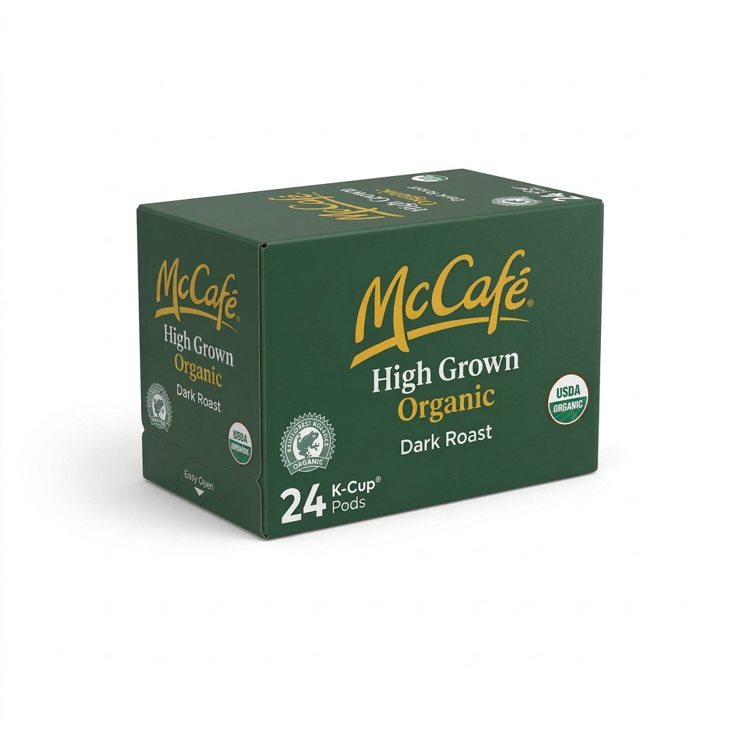 McCafé High Grown Organic Dark Roast K-Cup Pods, 24-pack box with Rainforest Alliance seal.