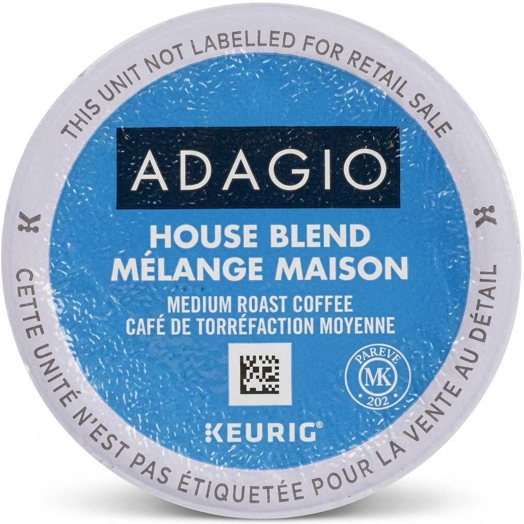 Single Keurig Adagio House Blend medium roast coffee K-Cup pod with a blue and white label.