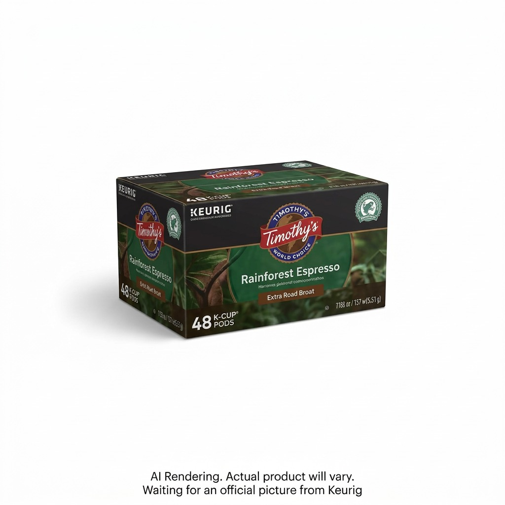Timothy's Rainforest Espresso dark roast K-Cups for Keurig brewers, 48-count bulk box.