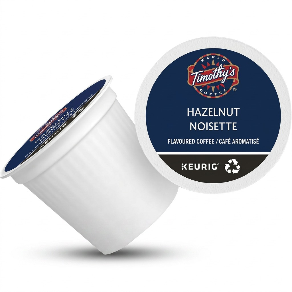 Two Timothy's World Coffee Hazelnut K-Cup pods for Keurig brewers on a white background.
