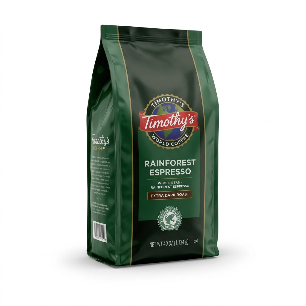 A 1.134 kg bag of Timothy's Rainforest Espresso Extra Dark Roast Whole Bean Coffee.