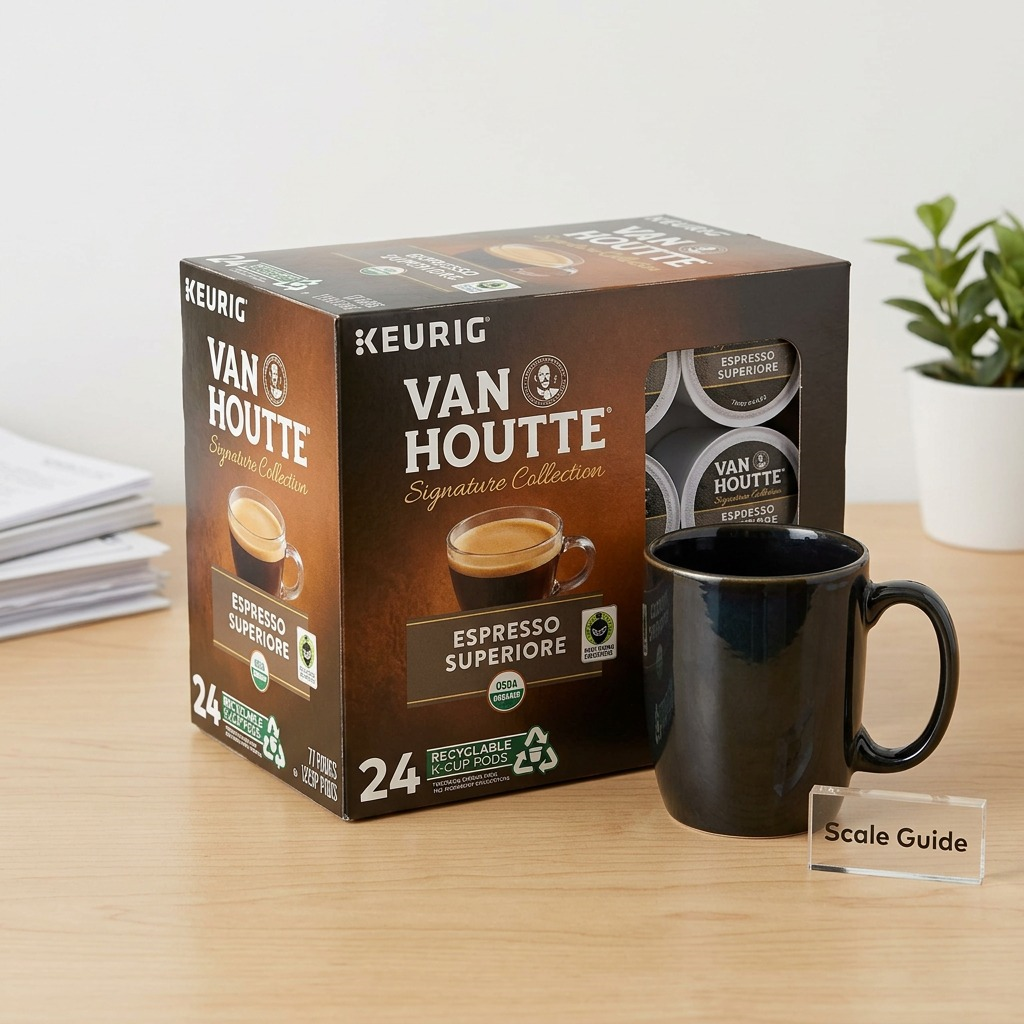 Van Houtte Espresso Superiore 24-count K-Cup box shown on a desk next to a standard black coffee mug for scale.