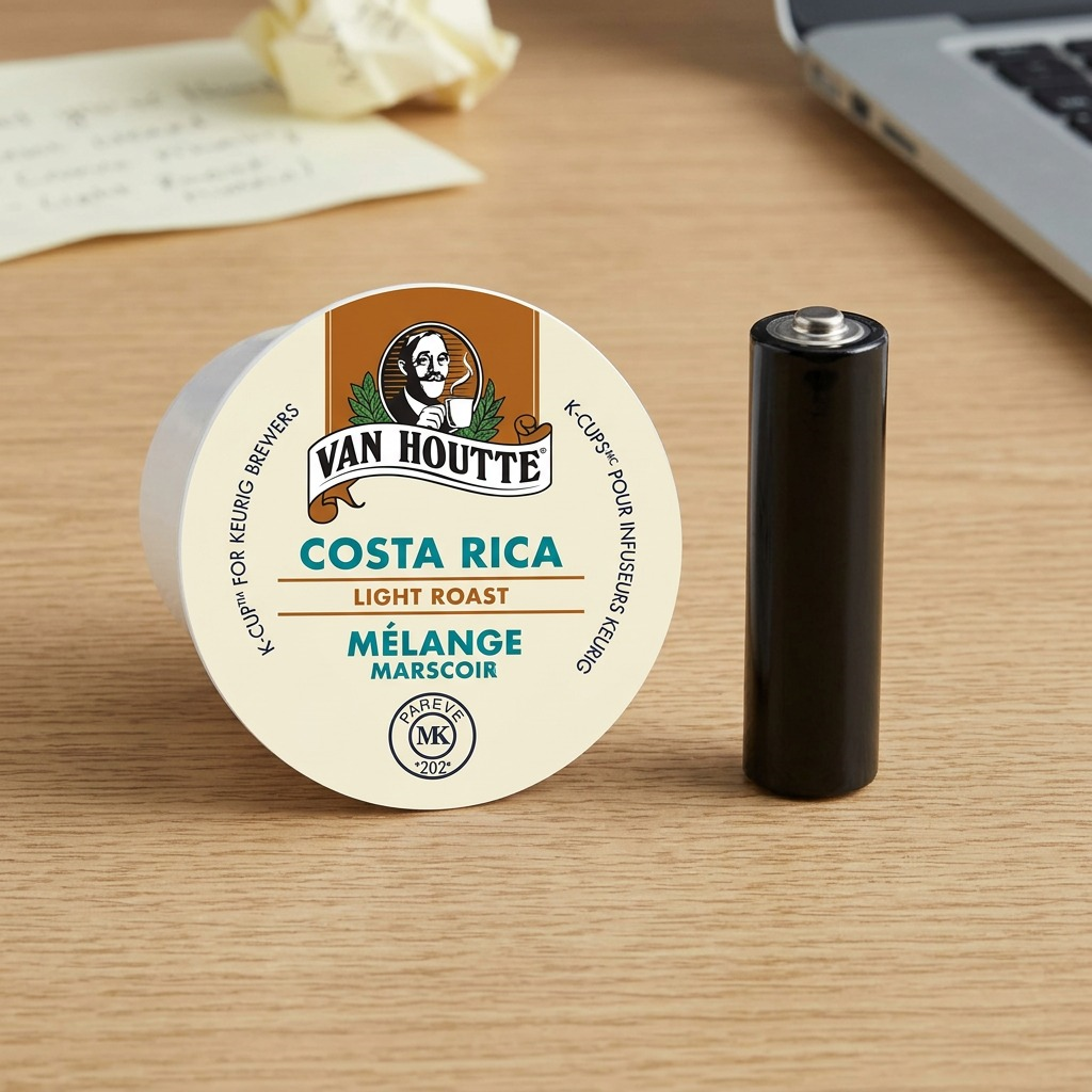 Van Houtte Costa Rica K-Cup pod shown beside a standard AA battery for scale on a wooden desk.