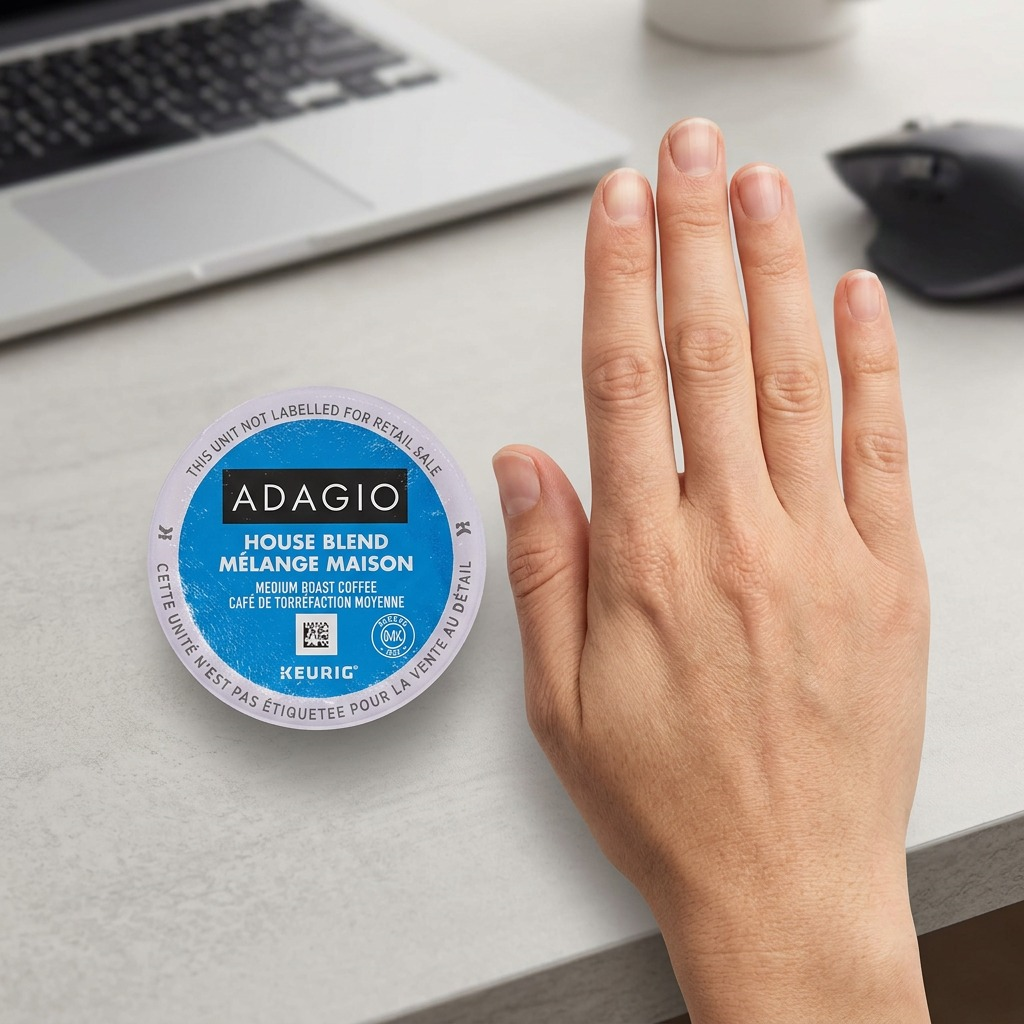 Scale reference of a Van Houtte Adagio House Blend K-Cup pod next to a hand on a desk with a laptop.