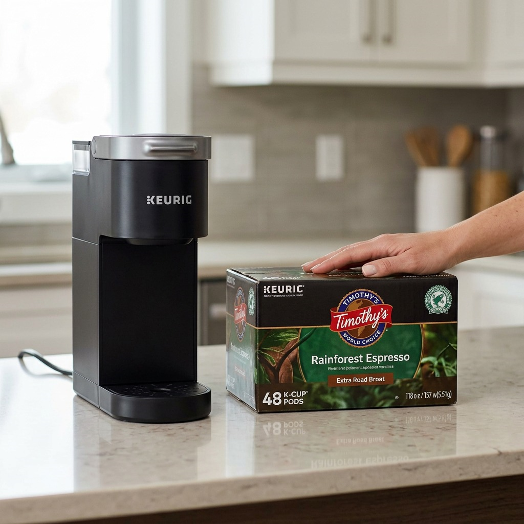 A hand rests on a 48-count box of Timothy's Rainforest Espresso K-Cups next to a Keurig brewer.
