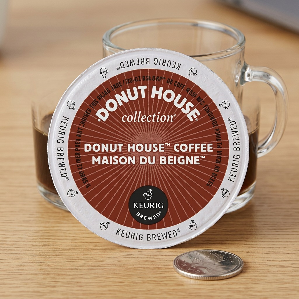 Donut House Light Roast Coffee K-Cup shown beside a quarter and glass mug for scale on a wood desk.