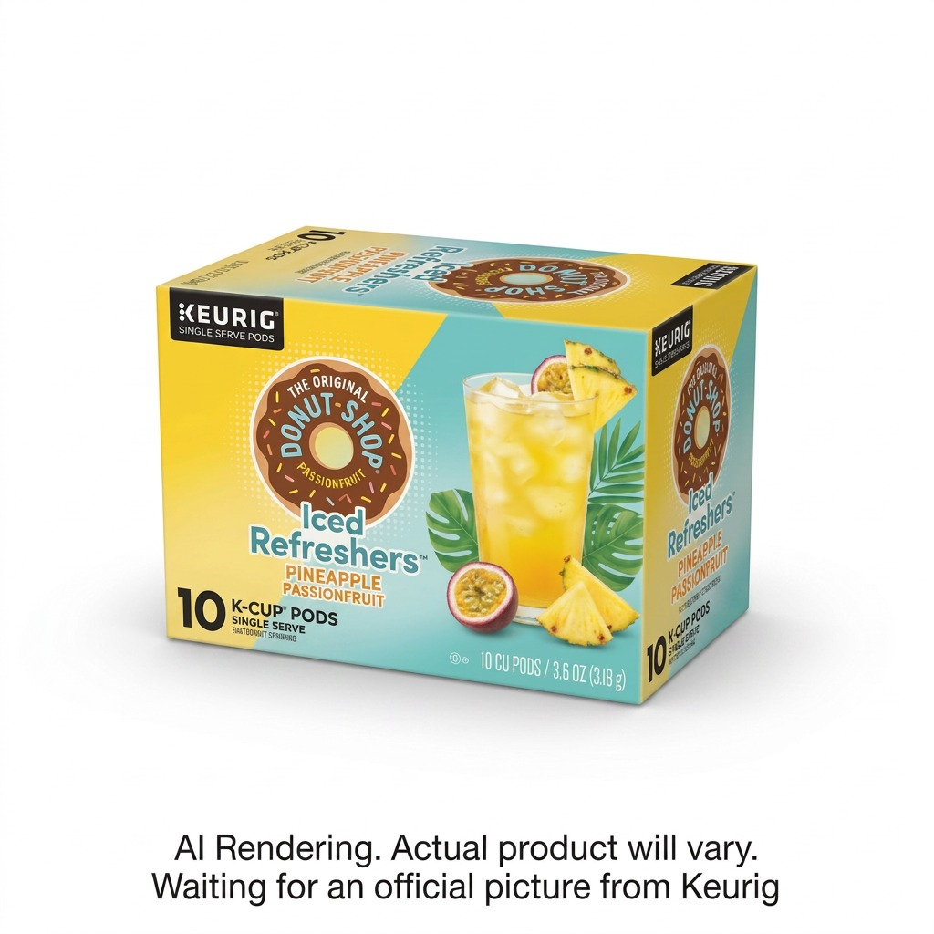 A 10-count box of Keurig Original Donut Shop Pineapple Passionfruit Iced Refreshers K-Cup pods.