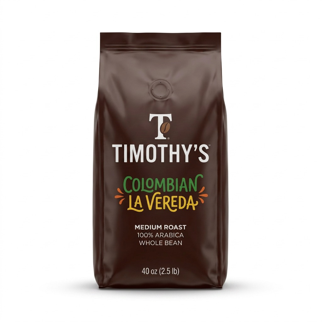 Timothy's Colombian La Vereda 40oz bag of medium roast 100% Arabica whole bean coffee.