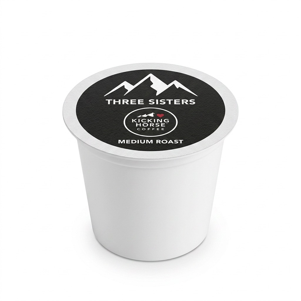 Kicking Horse Coffee Three Sisters Medium Roast K-Cup single-serve pod on a white background.