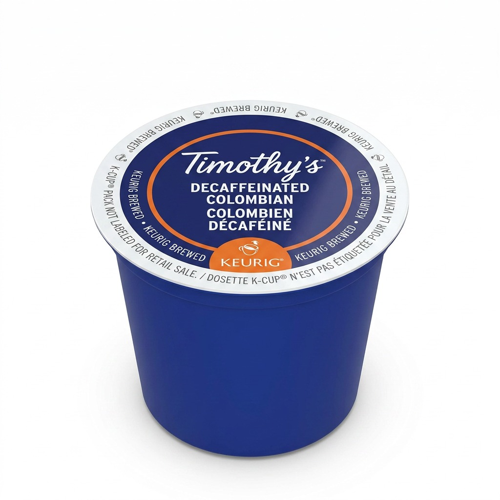 Timothy's Decaffeinated Colombian K-Cup pod with blue cup and white lid on a white background.