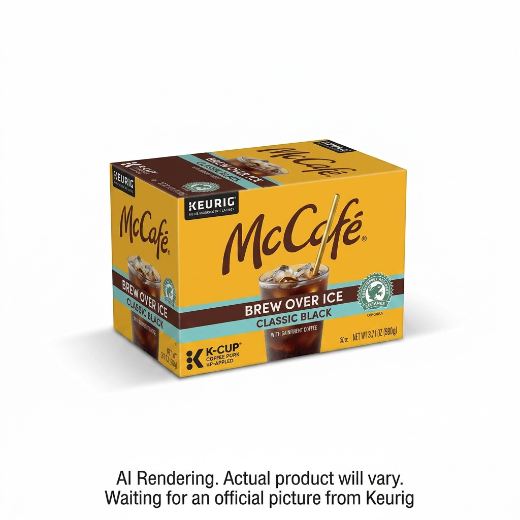 A 10-count box of McCafé Brew Over Ice Classic Black K-Cup pods for Keurig, featuring iced coffee.