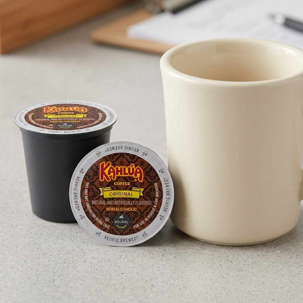 Scale reference of a Kahlúa Original Coffee K-Cup pod sitting next to a standard ceramic coffee mug.
