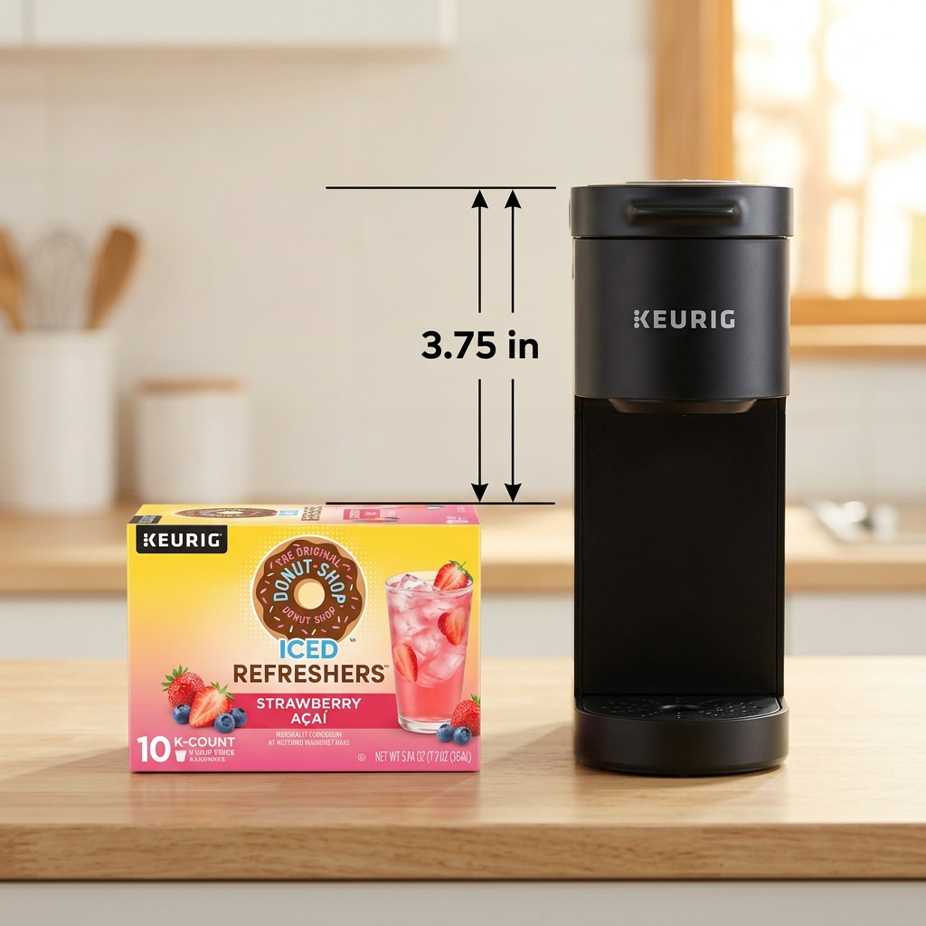 Scale comparison of Strawberry Acai Refresher 10ct box next to a Keurig brewer in a kitchen.