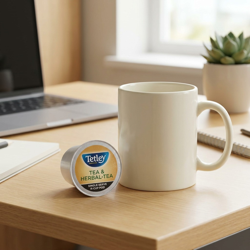 Tetley Chai Tea K-Cup pod placed next to a standard ceramic mug on a desk for size reference.