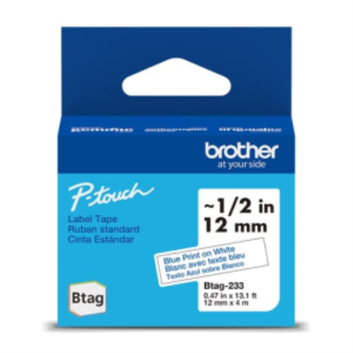 Brother Genuine BTAG233 Non-Laminated Tape for P-touch Label Makers, Blue on White – 12 mm wide x 4 m long