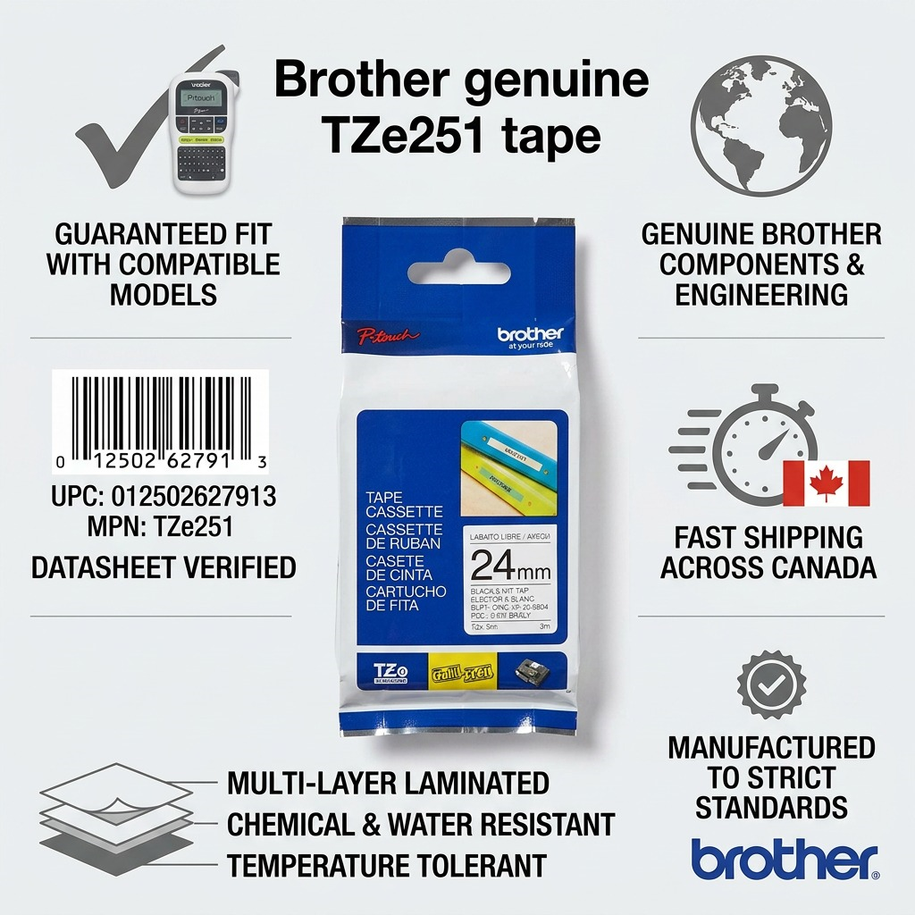 Brother Genuine TZe251 Black on White Laminated Tape for P-touch Label Makers, 24 mm wide x 8 m long