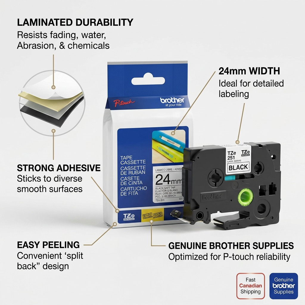 Brother Genuine TZe251 Black on White Laminated Tape for P-touch Label Makers, 24 mm wide x 8 m long