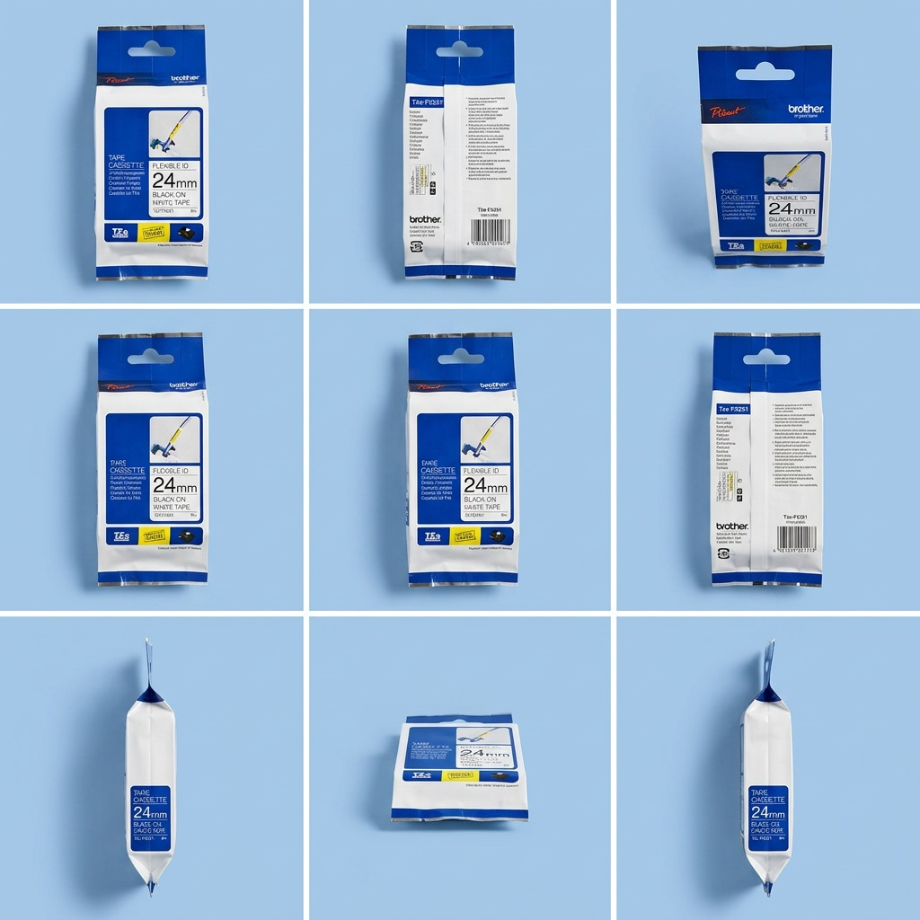 Grid of Brother TZe-FX251 24mm Flexible ID Tape showing various angles of the retail packaging.