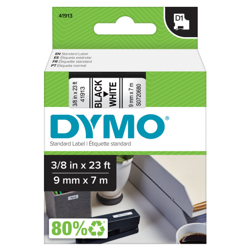 Dymo D1 Standard Labeling Tape - Black on White, 3/8" x 23'