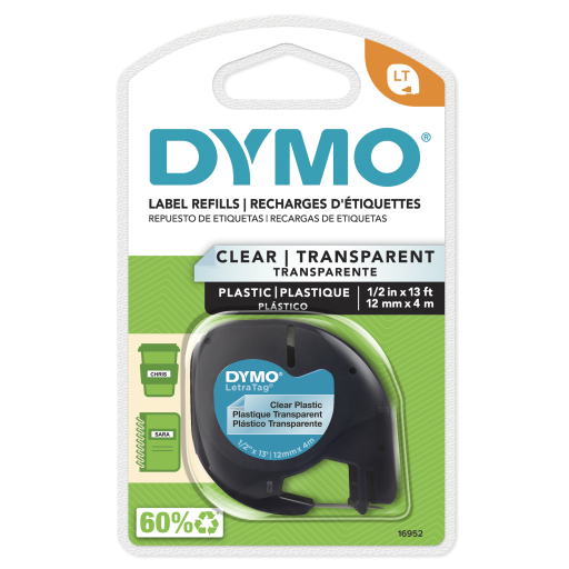 Dymo LetraTag Labeling Tape - Black on Clear, 1/2" x 13'