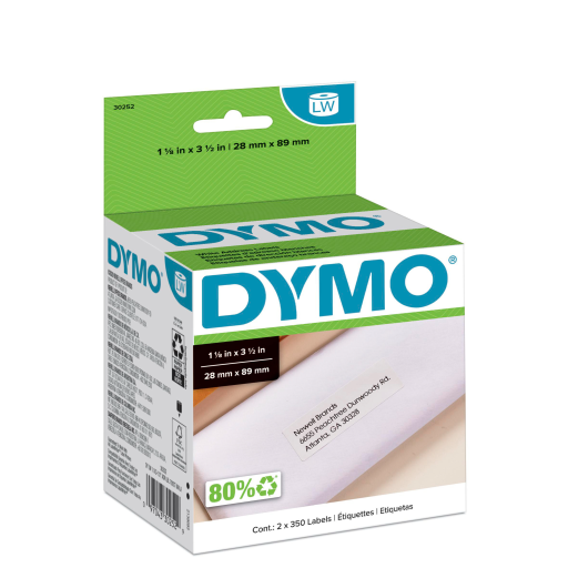 Dymo LW White Mailing Address Labels - 1-1/8" x 3-1/2", 2 Rolls of 350