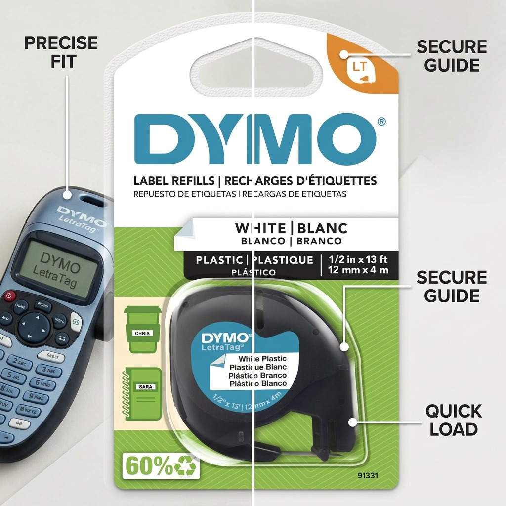 Dymo LetraTag Plastic Labels - Black on White, 1/2" x 13'