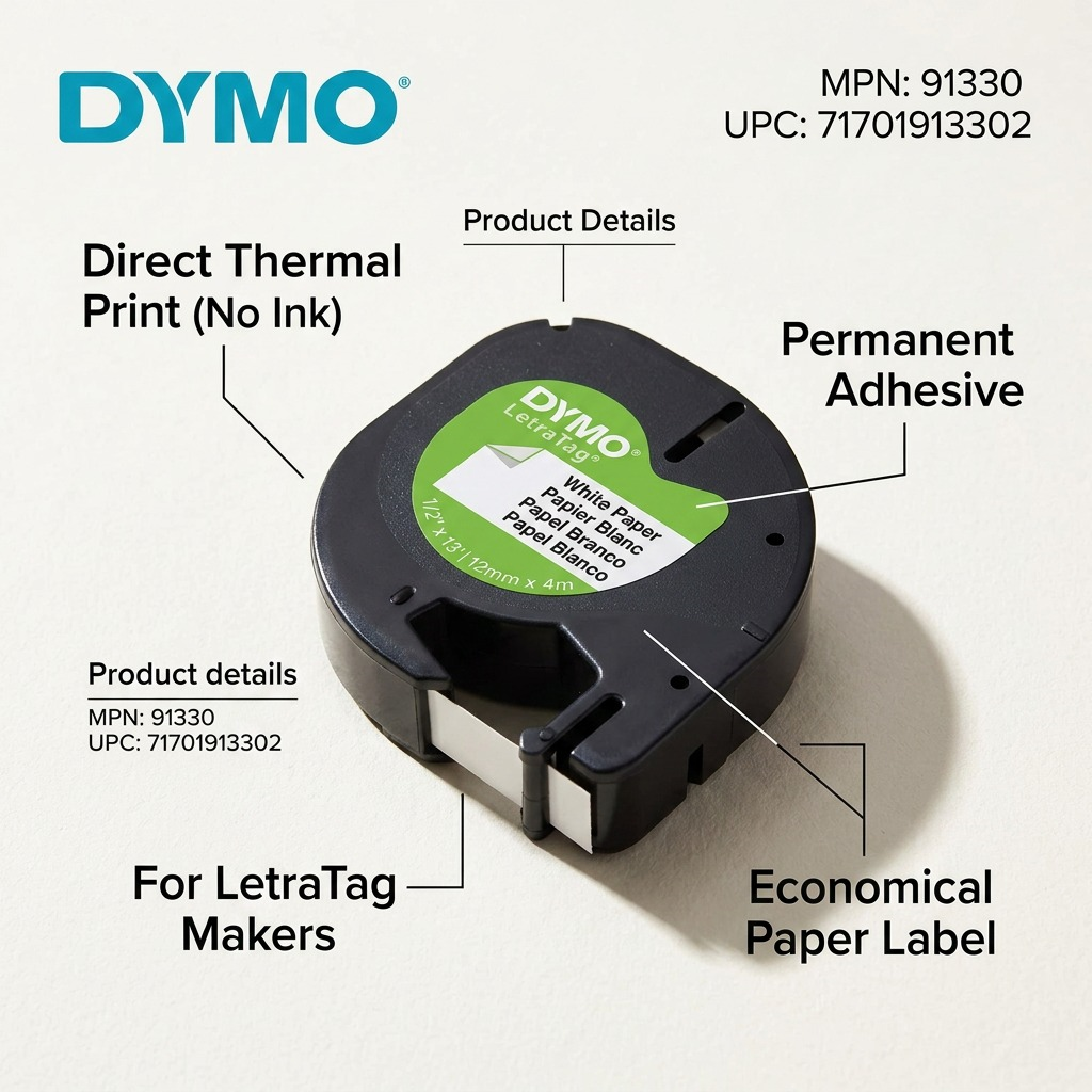 Dymo LetraTag Paper Labels - Black on White, 1/2" x 13'