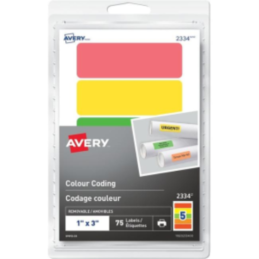 Avery Removable Rectangular Colour Coding Labels for Laser or Inkjet Printers, 1" x 3", Assorted Colours, Removable