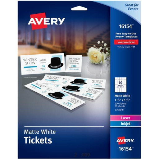 Avery Tickets with Tear-Away Stubs, White, Uncoated, 1 3/4" x 5 1/2"