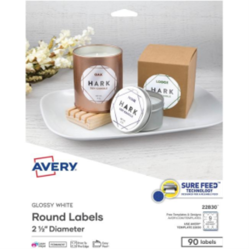 Avery Glossy White Round Labels, 2 1/2" Diameter, 10 Sheets/Envelope