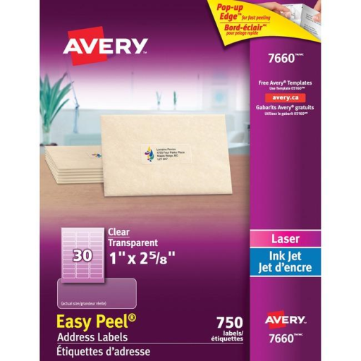 Avery Clear Easy Peel Labels, 2 5/8" x 1", Permanent, 25 Sheets/Envelope