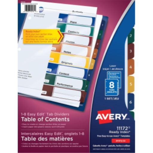 Avery Ready Index Easy Edit Table of Contents Dividers, 8 Tab, 1 Set