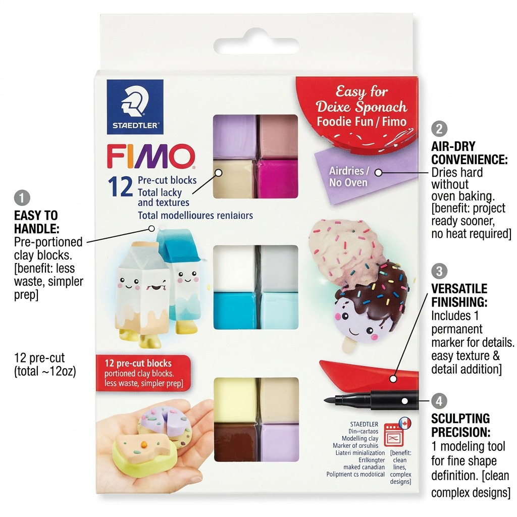 Staedtler Set Modelling Clay Fimo Soft Foodie Fun 12 Color Pack, 1 Permanent Marker, 1 Modelling Tool