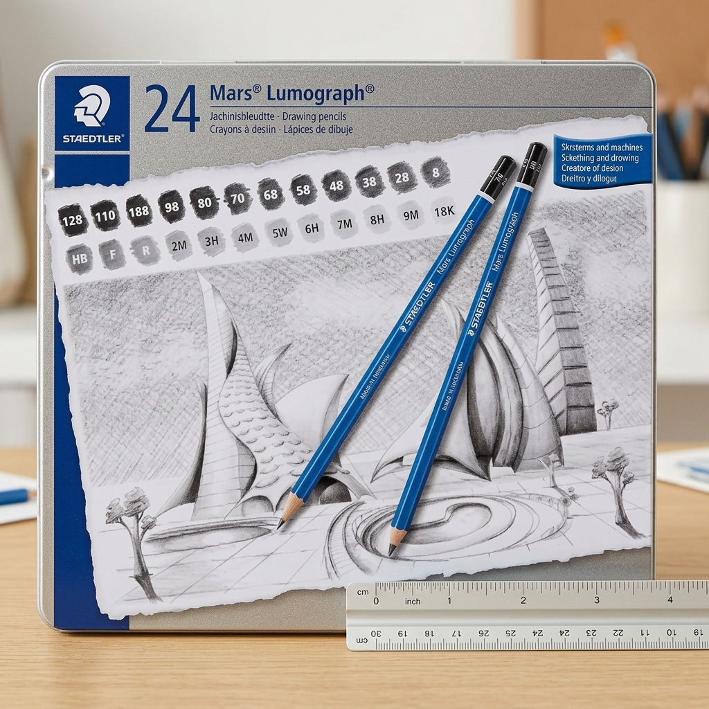 A high-resolution product shot showing a STAEDTLER Mars Lumograph 24-piece tin resting beside a standard architectural scale ruler on a clean desk, demonstrating its relative size.