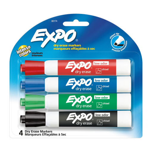 Marqueurs effaçables à sec Expo à faible odeur - Pointe biseautée, couleurs assorties, paquet de 4