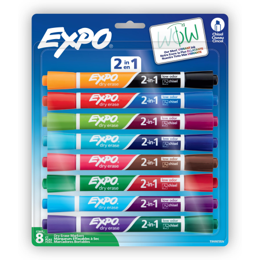 Marqueurs effaçables à sec Expo 2-en-1 - Pointe biseautée double, 16 couleurs assorties, paquet de 8