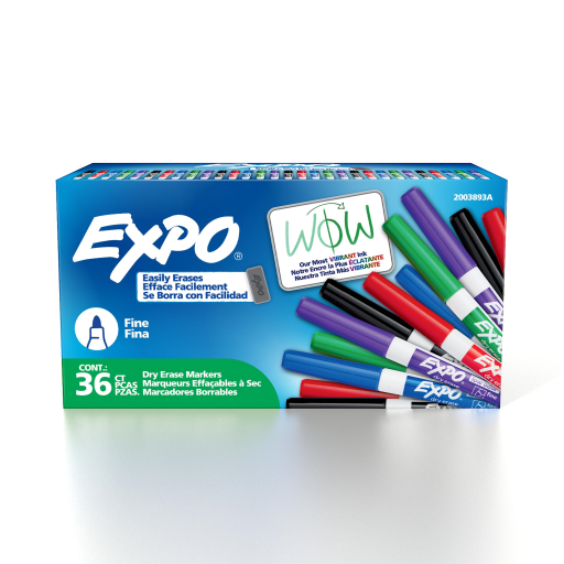 Marqueurs effaçables à sec Expo à faible odeur - Pointe fine, couleurs assorties, paquet de 36