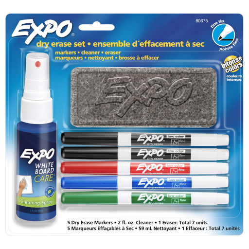 Kit de marqueurs effaçables à sec Expo - Pointe fine, couleurs assorties avec effaceur et spray nettoyant, paquet de 7