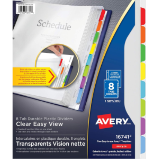 Intercalaires Avery Clear Easy View, 8 onglets, onglets multicolores