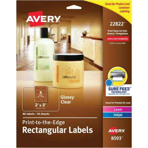 Étiquettes rectangulaires transparentes brillantes Avery, 2" x 3", 10 feuilles/enveloppe